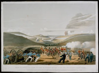 Sitio de Sebastopol desde la batería de 32 libras sobre la casa de piquete del ataque izquierdo, grabado por Walker, publicado en 1854